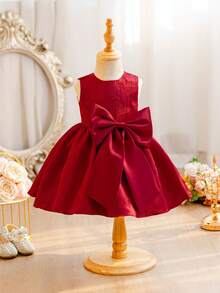 Glamorique Kids 女婴纯色蝴蝶结装饰无袖派对连衣裙 - 紅色 - 查看 3