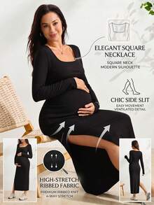 SHEIN Maternity Solid Color Side Slit Fitted Dress Autumn Photoshoot Casual - Black - View 1