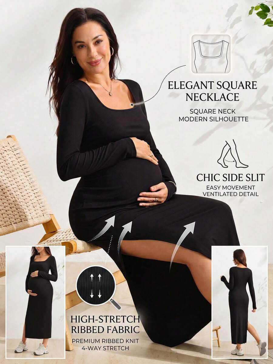 SHEIN Maternity Solid Color Side Slit Fitted Dress Autumn Photoshoot Casual - Black - View 1