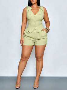 SOLERSUN Plus-Size Women's Sleeveless Two Pieces Crop Set, Suitable For Professional And Business Occasions. - Green - View 4
