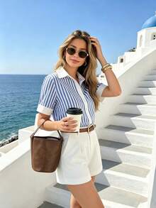 Pariaura Women's Striped Patchwork Contrast Color Lapel Pocket Casual Short Sleeve Shirt - Royal Blue - View 4