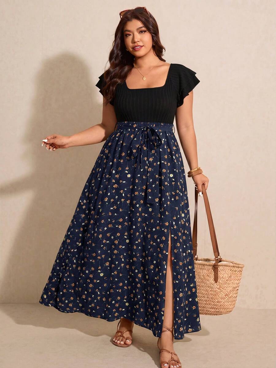 Elaquor Vestido de vacaciones con estampado floral, puños con volantes y abertura delantera, talla grande - Azul Marino - Ver 1