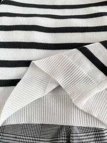 SHEIN 男嬰白色與黑色條紋薄款百搭半開領刺繡Logo針織長袖套頭毛衣，柔軟舒適面料，適合單穿、疊穿、休閒外出與玩耍 - 彩色 - 查看 6