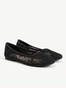 CUCCOO CHICEST Branches And Leaves Embroidered Round Toe Flats, Gentle Style Mesh Yarn Low Vamp Shoes, Commuting Dating Breathable Women's Shoes - Black - View 2