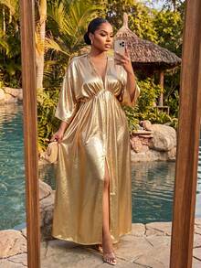 SHEIN Lady CURVE 大码女式金属质感七分袖开衩下摆连衣裙 - 彩色 - 查看 4