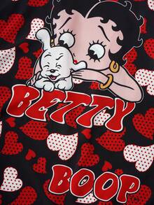 Betty Boop x SHEIN 女款字母與卡通印花休閒日常居家睡袍 - 黑色 - 查看 3