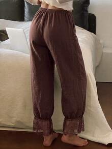 Napfluff Brown Lace Patchwork Home Pants, Minimalist Slimming Textured Elastic Waist Casual Sleepwear - Brown - View 2