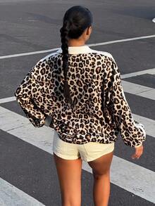 Vintage süßer Leopard Muster, sportlicher Farbblock gestreift, Teenager Mädchen lässig vielseitig locker V-Ausschnitt Langarm Sweatshirt für Outdoor Picknick, Ausflug, Streetstyle, Chill Chill, Schulanfang, Y2K, Koreanisch - Verschiedenfarbig - Übersicht 2