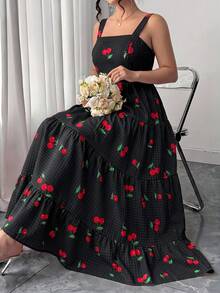 Elenzga Plus Size Women Cherry Print Ruffle Hem Cami Dress - Black - View 7