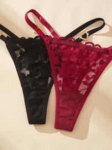 Snug Zone 3pcs/Set Women's Heart-Shaped Rhinestone Lace Thong Panties - Multicolor - View 5