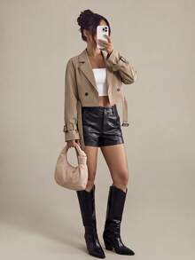 SHEIN PETITE 女款卡其色短版寬鬆風衣外套附腰帶，優雅通勤秋季外衣，休閒防風夾克，紋理升級版冬季外套，適合嬌小女性 - 卡其色 - 查看 1