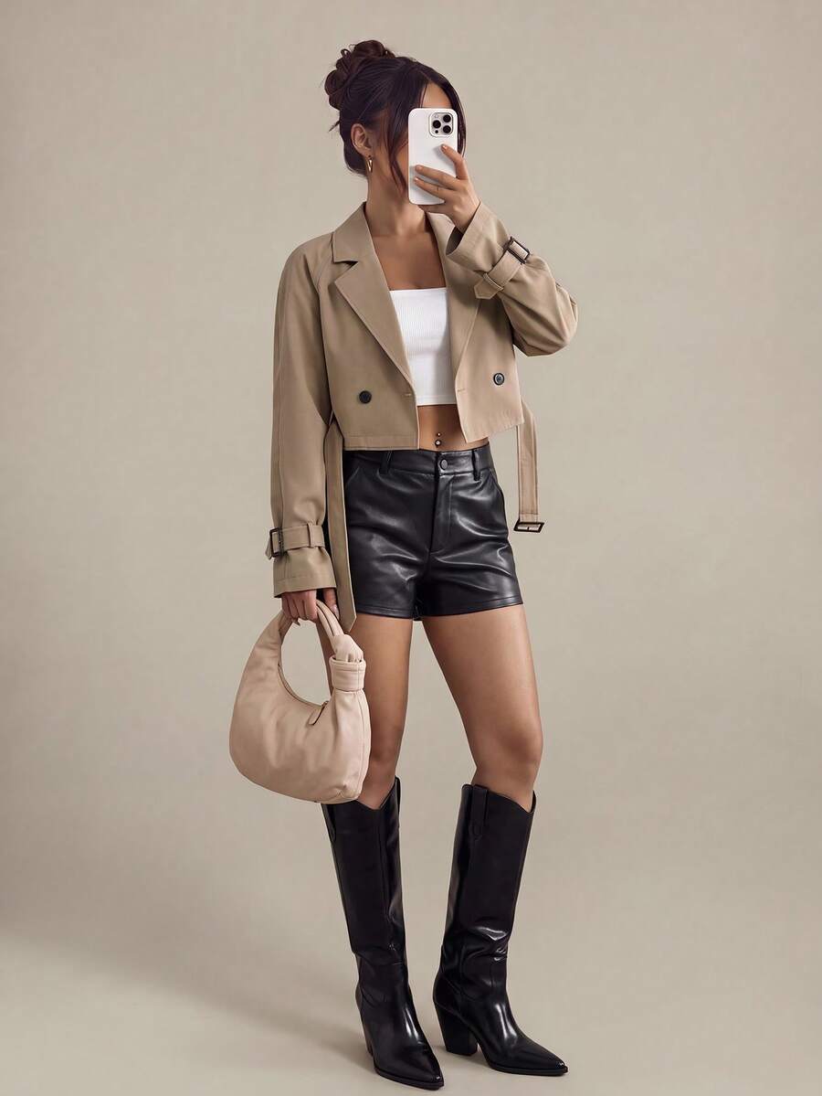 SHEIN PETITE 女款卡其色短版寬鬆風衣外套附腰帶,優雅通勤秋季外衣,休閒防風夾克,紋理升級版冬季外套,適合嬌小女性 - 卡其色 - 查看 1