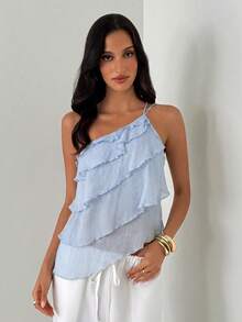 Aloruh Women's Solid Color Ruffle One Shoulder Sleeveless Blouse - Baby Blue - View 3