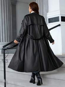 Reflora Plus Size Fashion Street Button PU Material Long Sleeve Trench Coat Fall - Black - View 2