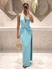 Slaydiva Frühling/Sommer Neues Damen Urlaubs-Strandoutfit: Elegantes tropisches sexy plissiertes hellblaues rückenfreies Neckholder-Kleid Badeanzug-Cover-Up Badeanzüge - Babyblau - Übersicht 4