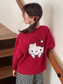 HELLO KITTY | DAZY 長袖圓領套頭 KT 貓咪圖案針織毛衣，適合前青春期女孩，秋季穿著 - 紅色 - 查看 1
