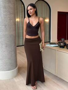 leahseptember Women's Solid Color Knit Skirt, Spring/Summer Vacation - Coffee Brown - View 2