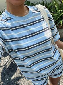 青少年女孩休閒簡約寬鬆圓領短袖T恤與寬鬆短褲2件套，適合春夏穿著 - 白色 - 查看 3