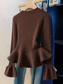 Franclia 女款時尚優雅收腰荷葉邊下擺喇叭袖針織衫 - 咖啡棕 - 查看 2