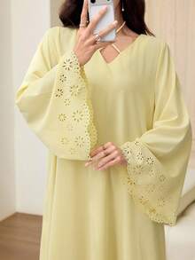 Yasmyna Cross Halter V-Neck Hollow-Out Burnout Long Sleeve Loose Textured Women's Dress - Yellow - View 7