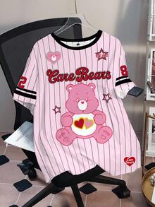SHEIN X Care Bears 大尺碼女款圓領條紋字母卡通印花休閒日常夏季T恤 - 白色 - 查看 7