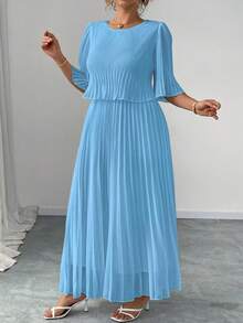 Elenzga Vestido de Gasa Plisado Elegante de unicolor Talla Grande Primavera Verano - Azul cielo - Ver 3