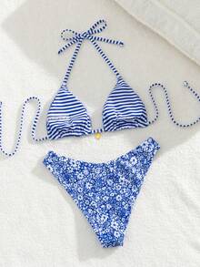 Swim Mod Women's Sweet White And Blue  Ditsy Floral Reversible Bikini Set Beach Vacation Summer Sexy - Multicolor - View 2