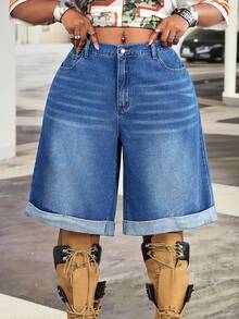 Slaydiva Shorts de mezclilla azul de pierna ancha y corte A para mujer talla grande, primavera/verano, para uso al aire libre y desplazamientos, con múltiples bolsillos y aberturas laterales - Azul lavado medio - Ver 1