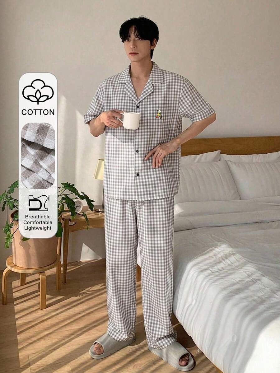 DAZY 夏季灰色短袖襯衫配長褲男士居家服睡衣套裝 - 灰色 - 查看 1
