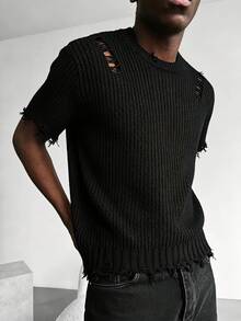 Manfinity EMRG Top de punto con efecto desgastado y borde crudo para uso diario de moda para hombres - Negro - Ver 4