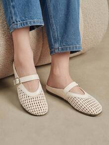 Solecia Zapatillas tipo mule de verano, transpirables, de tejido calado, punta redonda, suela plana, estilo retro casual, para ir al trabajo, compras y uso diario - Beis - Ver 8