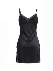 SHEIN Váy ngủ ren xẻ cao gợi cảm cho nữ - màu đen - Xem 3