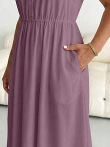 SHEIN Essnce Plus Size Solid Color Button Pleated Pocket Dress For Vacation - Multicolor - View 3