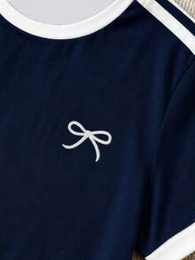 SHEIN Tween Girl Fashionable Minimalist Casual Street Style Ruched Equestrian Print Pink & Green Contrast Color Webbing Trim Cropped Slim Fit Comfortable Round Neck Knit T-Shirt Top Retro Collegiate Colorblock - Royal Blue - View 5