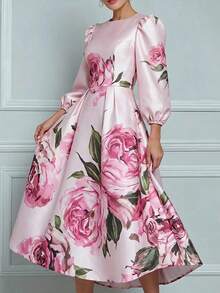 RosyDaze Women's Premium Elegant Rose Print Dress, Suitable For Evening Party, Wedding, Commute, Date, Slimming And Versatile - Pink - View 4