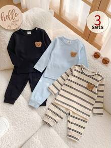 SHEIN Playful Pals 6pcs Newborn Solid Color & Striped Knit Soft Fabric Jumpsuit With 3D Bear Decor, Long Sleeve Round Neck T-Shirt And Elastic Waist Pants Set, Casual Comfortable Nature Style Vintage Cute Outfit, Suitable For Baby Boys And Girls, Fit For Indoor And Outdoor Activities - Multicolor - View 1