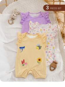 3pcs/Set Newborn Baby Girl Cute Cartoon Pattern Knitted Romper Set, Summer - Multicolor - View 2