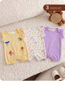 3pcs/Set Newborn Baby Girl Cute Cartoon Pattern Knitted Romper Set, Summer - Multicolor - View 8