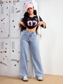 SHEIN PETITE Women Pockets Loose Wide Leg Relaxed Fit Casual Jeans, Versatile ,Petite Women - Blue - View 4
