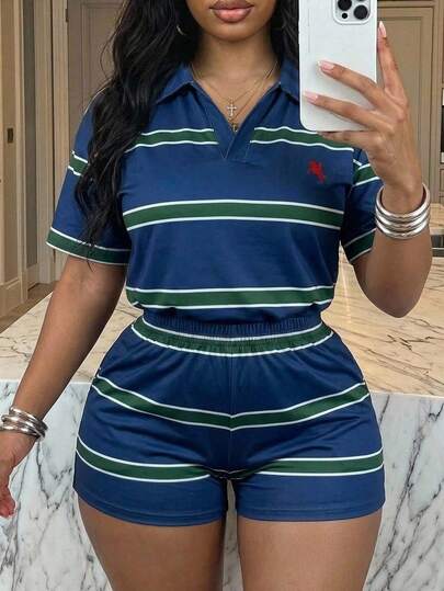 Slaydiva Western Cowboy Wedding Office Blue And White Striped Short-Sleeved Shirt V-Neck Cropped Top And Shorts Plus-Size Women's Two Pieces Set Back-To-School