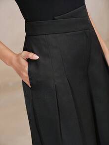 Anewsta Essential Urban Modern Retro Professional Commute Casual Versatile Solid Black High Waist Contrast Trim Design Drape Long Women's Suit Pants - Black - View 1