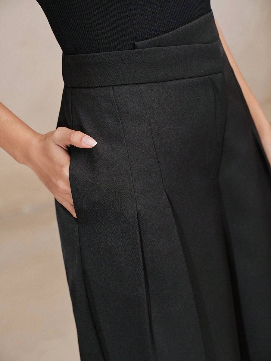 Anewsta Essential Urban Modern Retro Professional Commute Casual Versatile Solid Black High Waist Contrast Trim Design Drape Long Women's Suit Pants - Black - View 1