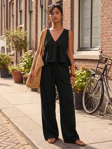 Athîral Women's Vacation Casual Solid Color Tank Top And Long Pants 2 Pieces Set - Black - View 5