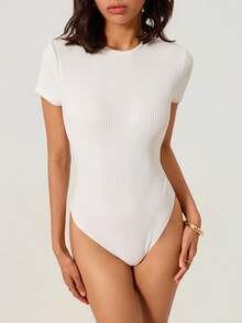 SHEIN BASICS Women's Solid Color Fitted Versatile Daily Short Sleeve Bodysuit - White - View 4