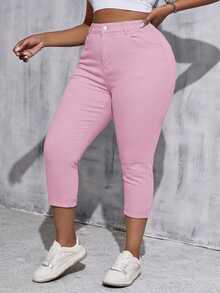 SHEIN Tall CURVE 女款大尺碼白色丹寧彈性緊身九分褲 - 粉色 - 查看 4