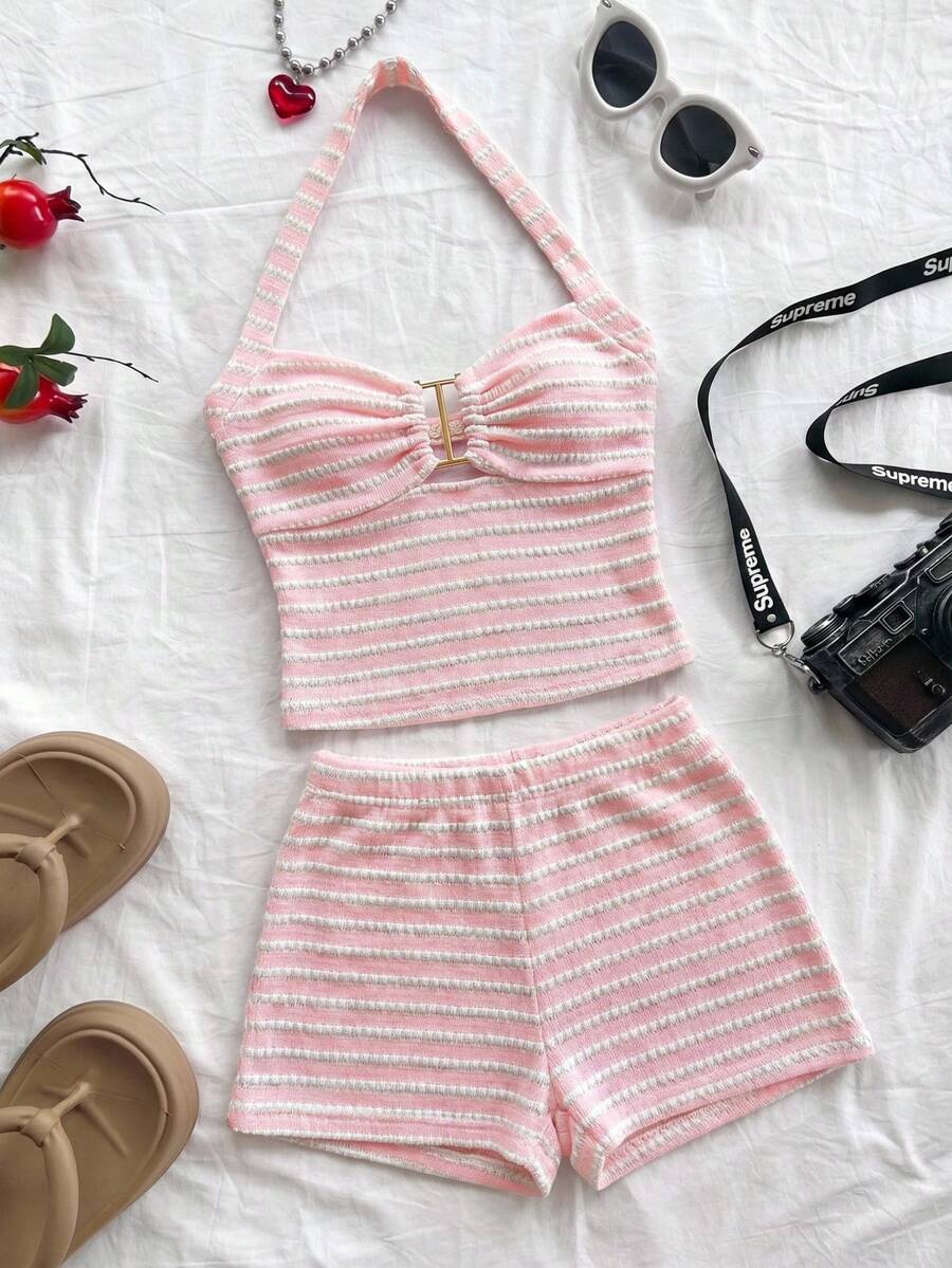 SHEIN Tween Girls Striped Halter Top & Shorts Set - Pink - View 1