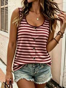 EMERY ROSE Plus Size Women's Comfortable Striped Colorblock Pattern Round Neck Button-Up Top, Round Neck Comfortable Camisole Tank Top, Suitable For Daily Casual Wear - Multicolor - View 3