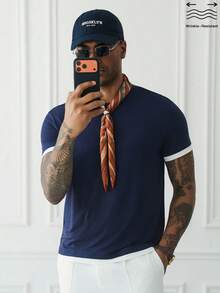 HUEFORM Atasan Lengan Pendek Pria Anti Kerut Warna Blok Minimalis Kasual untuk Perjalanan Sehari-hari - Navy Blue - View 6