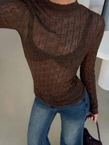 Levarali Women's Solid Color Stand Collar Slim Fit Versatile Daily Wear Top - Brown - View 3