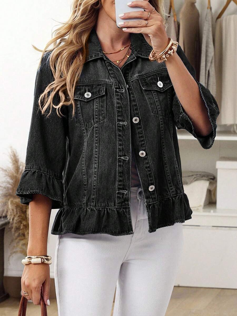 EMERY ROSE Plus Size Casual Washed Denim Jacket With Ruffle Trim - Black - View 1